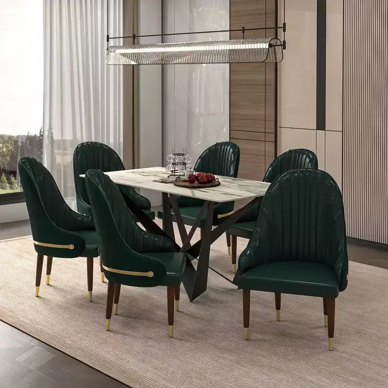 LeisureMod Elara Collection High-Back Dining Chair  Leather Upholstery with Ripple Back Design, Rubberwood Frame and Gold Accents for Dining Room