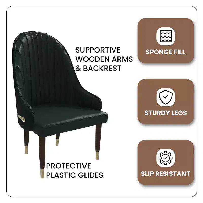 LeisureMod Elara Collection High-Back Dining Chair  Leather Upholstery with Ripple Back Design, Rubberwood Frame and Gold Accents for Dining Room