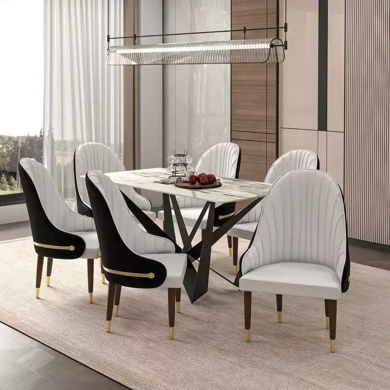 LeisureMod Elara Collection High-Back Dining Chair  Leather Upholstery with Ripple Back Design, Rubberwood Frame and Gold Accents for Dining Room