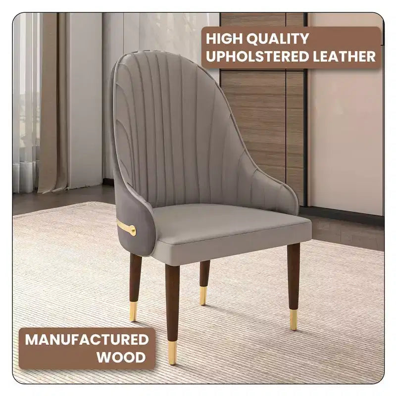 LeisureMod Elara Collection High-Back Dining Chair  Leather Upholstery with Ripple Back Design, Rubberwood Frame and Gold Accents for Dining Room