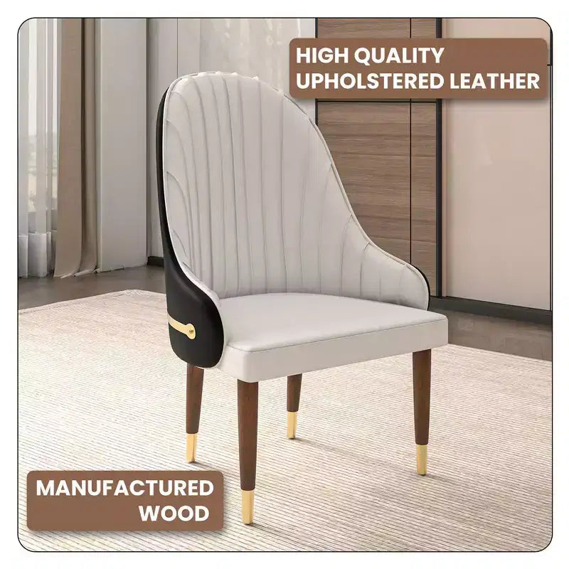LeisureMod Elara Collection High-Back Dining Chair  Leather Upholstery with Ripple Back Design, Rubberwood Frame and Gold Accents for Dining Room