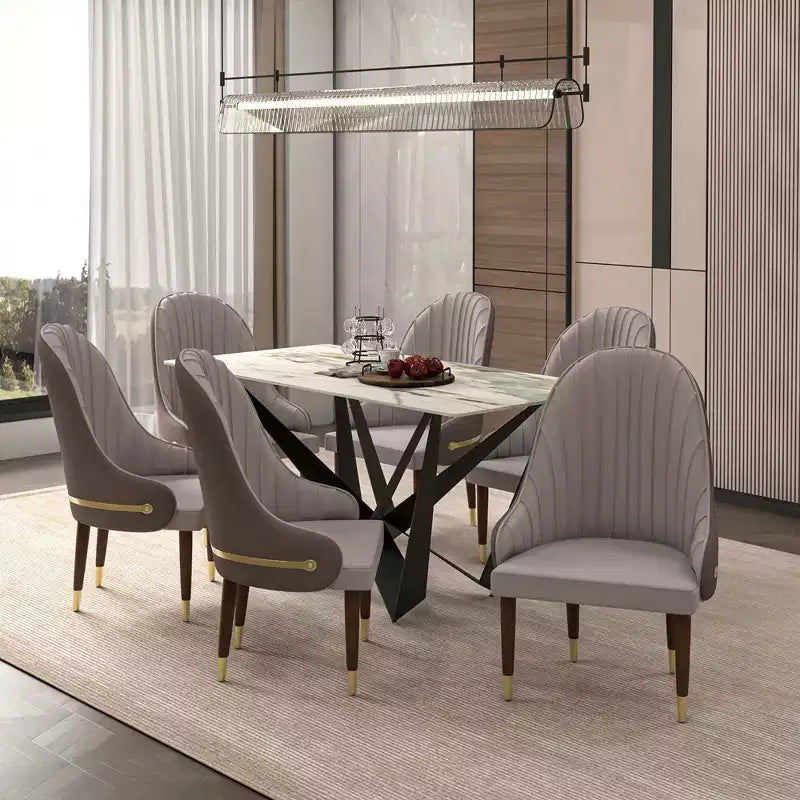 LeisureMod Elara Collection High-Back Dining Chair  Leather Upholstery with Ripple Back Design, Rubberwood Frame and Gold Accents for Dining Room
