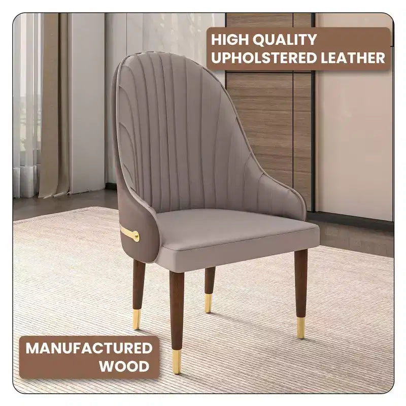 LeisureMod Elara Collection High-Back Dining Chair  Leather Upholstery with Ripple Back Design, Rubberwood Frame and Gold Accents for Dining Room
