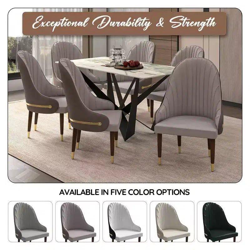 LeisureMod Elara Collection High-Back Dining Chair  Leather Upholstery with Ripple Back Design, Rubberwood Frame and Gold Accents for Dining Room