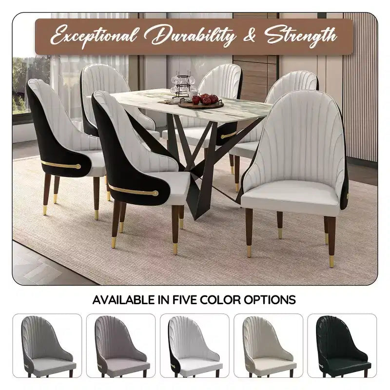 LeisureMod Elara Collection High-Back Dining Chair  Leather Upholstery with Ripple Back Design, Rubberwood Frame and Gold Accents for Dining Room