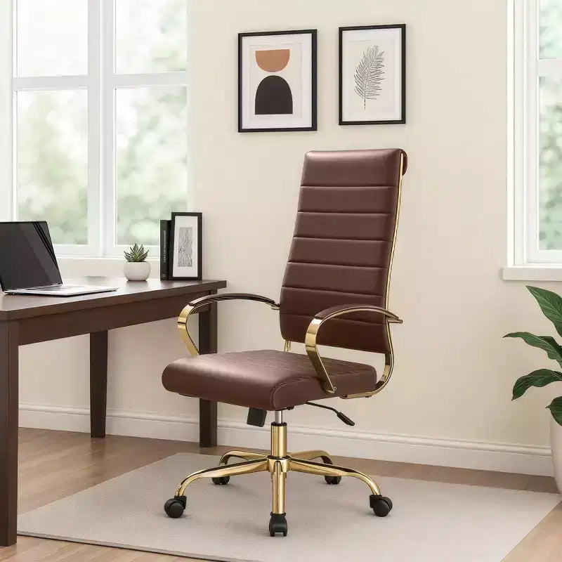 LeisureMod Benmar High-Back Ribbed Leather Office Chair - Modern Swivel & Tilt Executive Desk Chair - Gold Base