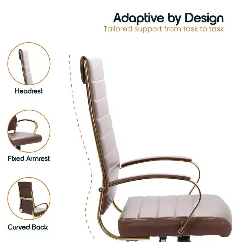 LeisureMod Benmar High-Back Ribbed Leather Office Chair - Modern Swivel & Tilt Executive Desk Chair - Gold Base