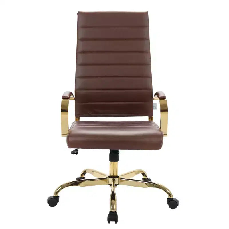 LeisureMod Benmar High-Back Ribbed Leather Office Chair - Modern Swivel & Tilt Executive Desk Chair - Gold Base