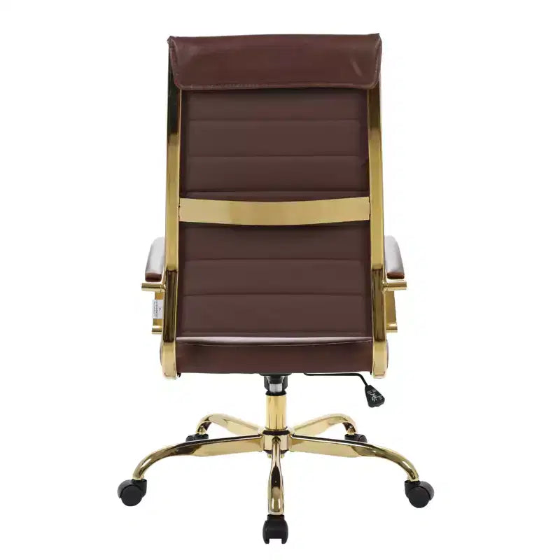 LeisureMod Benmar High-Back Ribbed Leather Office Chair - Modern Swivel & Tilt Executive Desk Chair - Gold Base