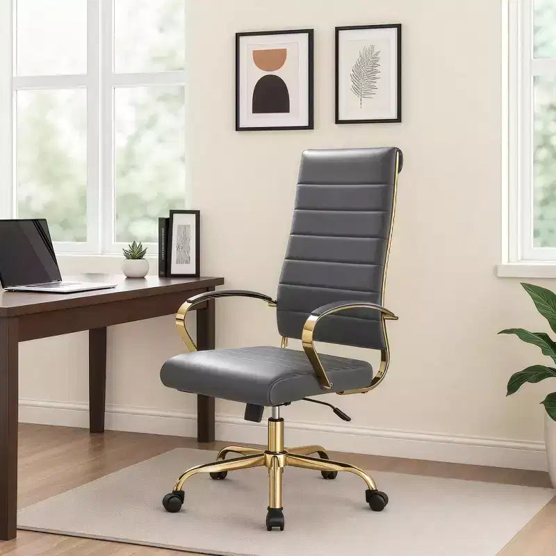 LeisureMod Benmar High-Back Ribbed Leather Office Chair - Modern Swivel & Tilt Executive Desk Chair - Gold Base