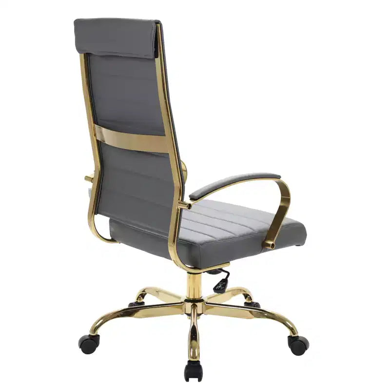 LeisureMod Benmar High-Back Ribbed Leather Office Chair - Modern Swivel & Tilt Executive Desk Chair - Gold Base