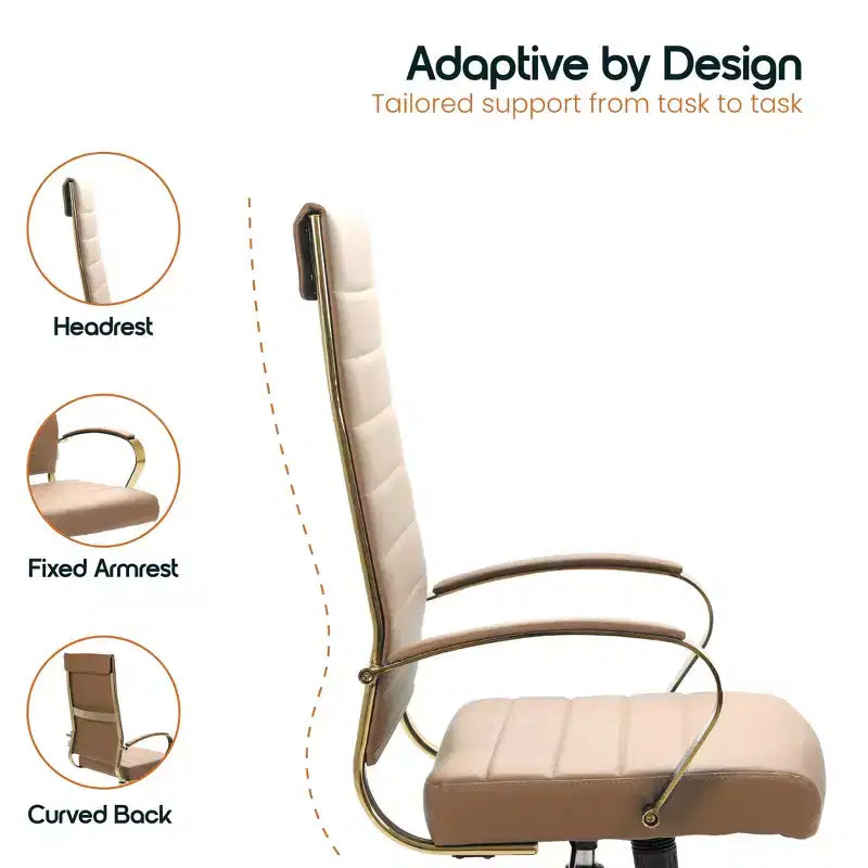 LeisureMod Benmar High-Back Ribbed Leather Office Chair - Modern Swivel & Tilt Executive Desk Chair - Gold Base