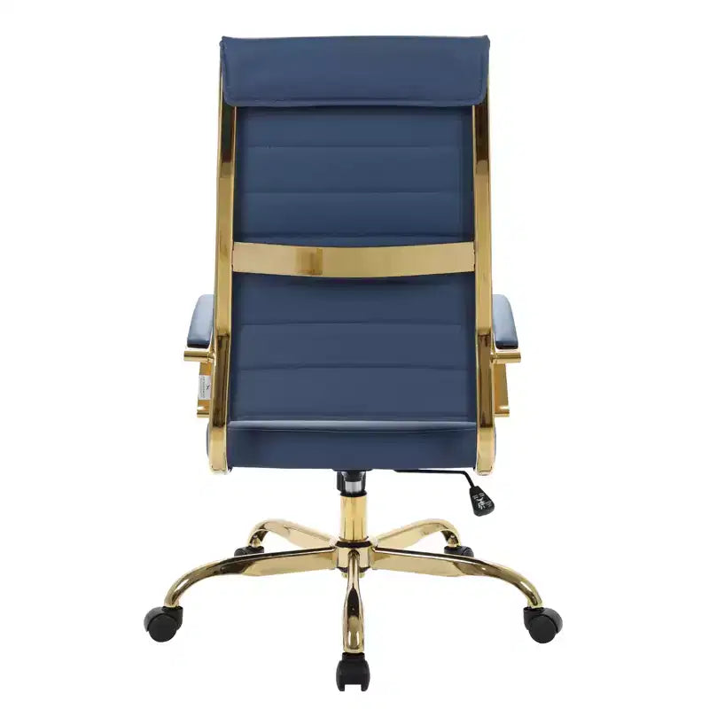 LeisureMod Benmar High-Back Ribbed Leather Office Chair - Modern Swivel & Tilt Executive Desk Chair - Gold Base