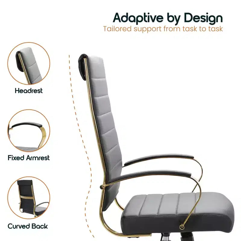 LeisureMod Benmar High-Back Ribbed Leather Office Chair - Modern Swivel & Tilt Executive Desk Chair - Gold Base