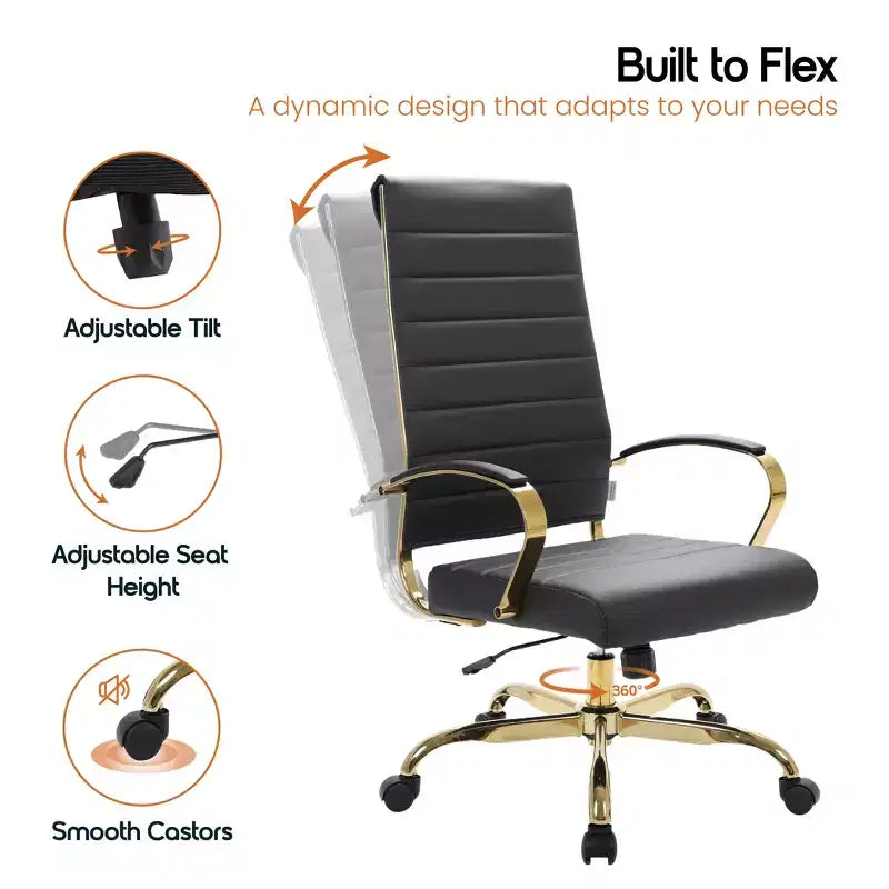 LeisureMod Benmar High-Back Ribbed Leather Office Chair - Modern Swivel & Tilt Executive Desk Chair - Gold Base