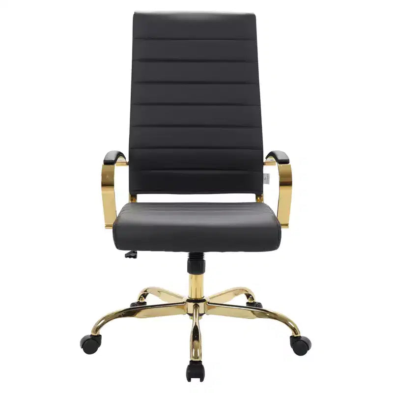 LeisureMod Benmar High-Back Ribbed Leather Office Chair - Modern Swivel & Tilt Executive Desk Chair - Gold Base
