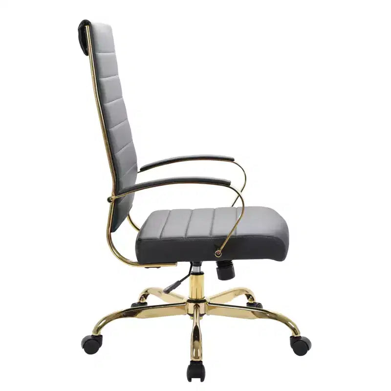 LeisureMod Benmar High-Back Ribbed Leather Office Chair - Modern Swivel & Tilt Executive Desk Chair - Gold Base