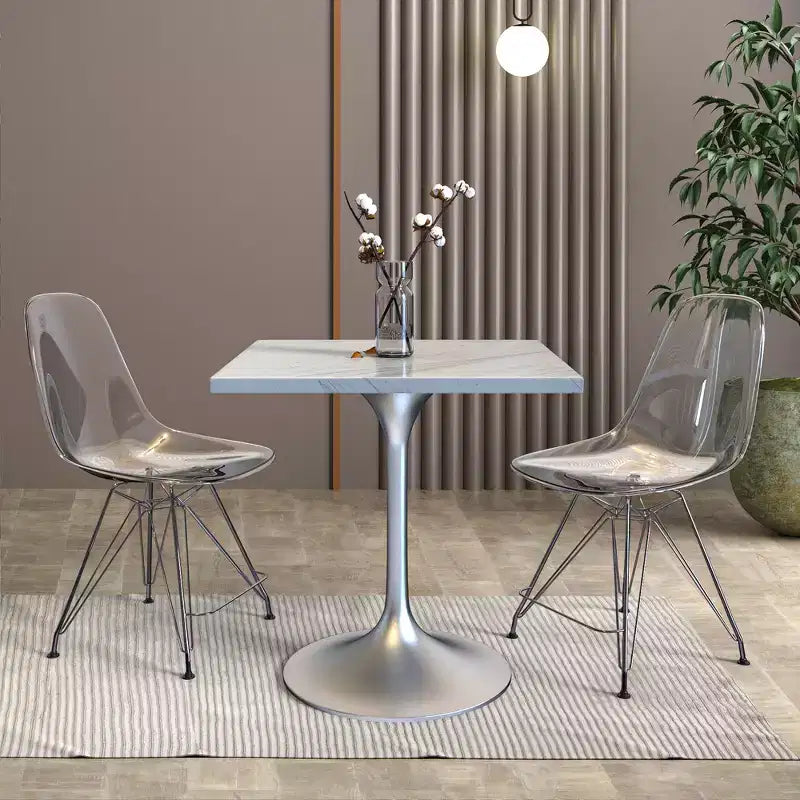 Table à manger carrée LeisureMod Verve 27 - Plateau moderne en résine avec pied piédestal en chrome brossé Table d'appoint pour cuisine et intérieur contemporains