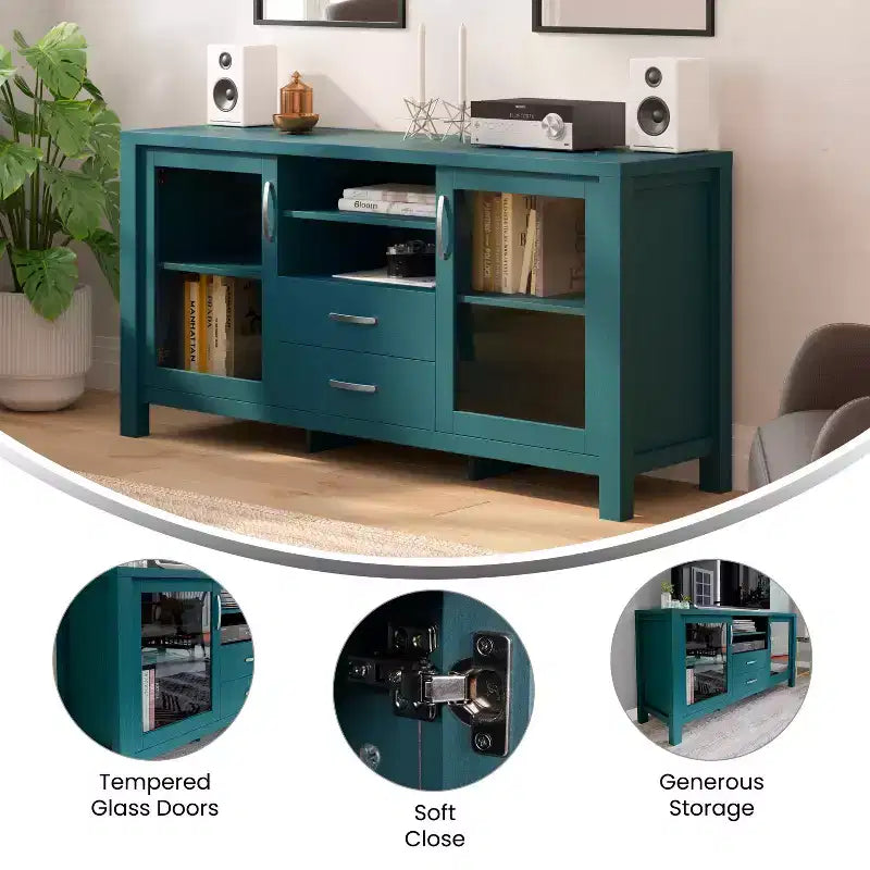 Merrick Lane Two-Drawer Engineered Wood Buffet Sideboard Cabinet with Open Shelf, Two Tempered Glass Cabinet Doors for Dining Room/Kitchen