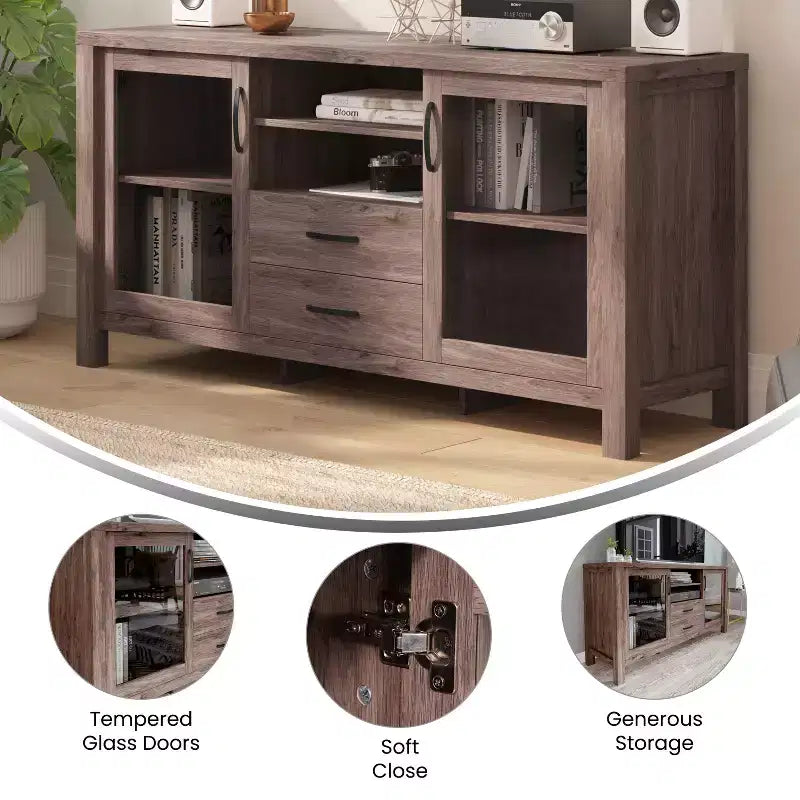 Merrick Lane Two-Drawer Engineered Wood Buffet Sideboard Cabinet with Open Shelf, Two Tempered Glass Cabinet Doors for Dining Room/Kitchen