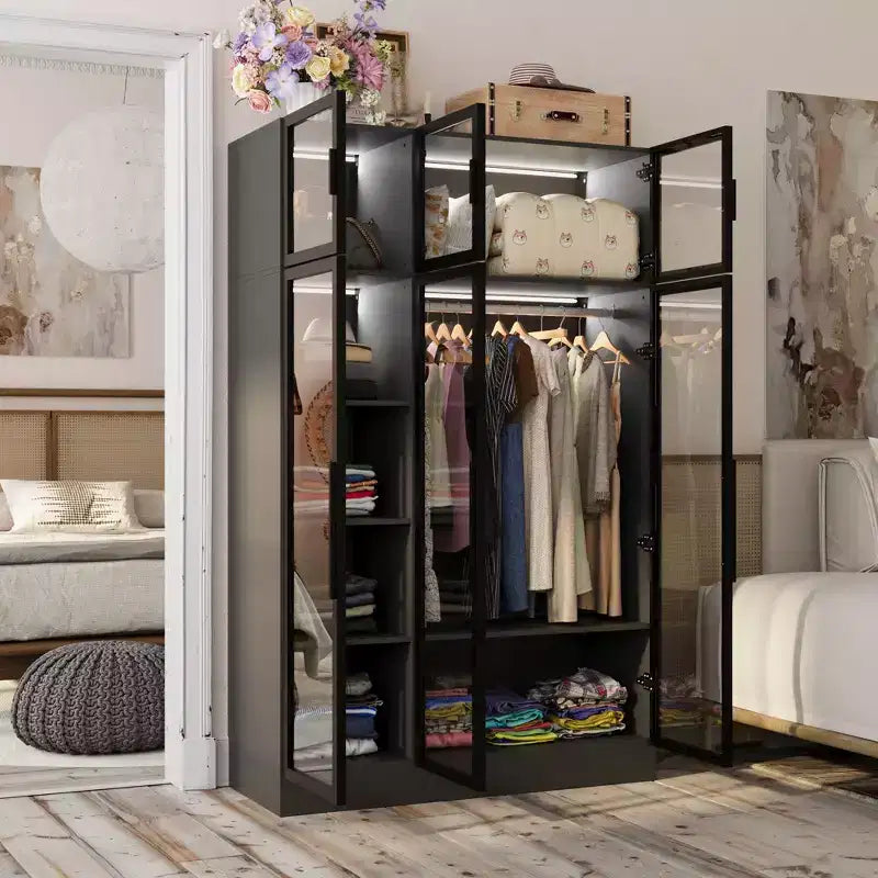 Famapy Display Cabinet Armoire LED Light Glass Door Closet Wardrobe Black