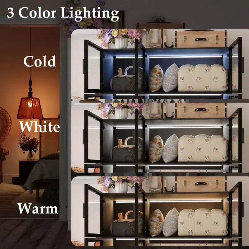 Famapy Display Cabinet Armoire LED Light Glass Door Closet Wardrobe Black