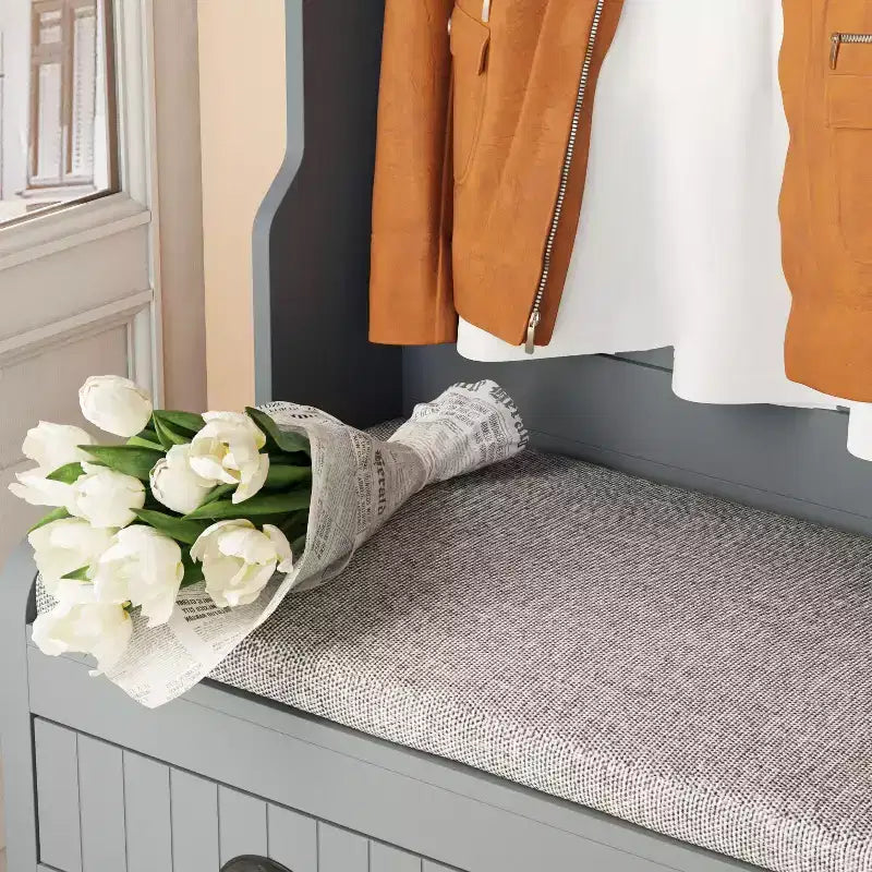 Famapy Wood 3-in-1 Hall Tree with 4-Metal Hooks Storage Bench