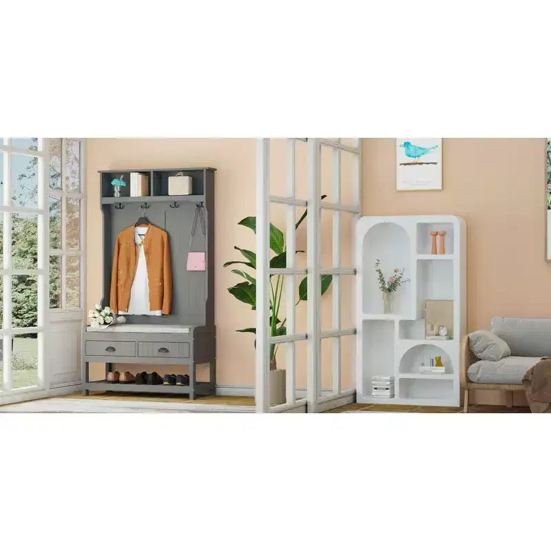 Famapy Wood 3-in-1 Hall Tree with 4-Metal Hooks Storage Bench