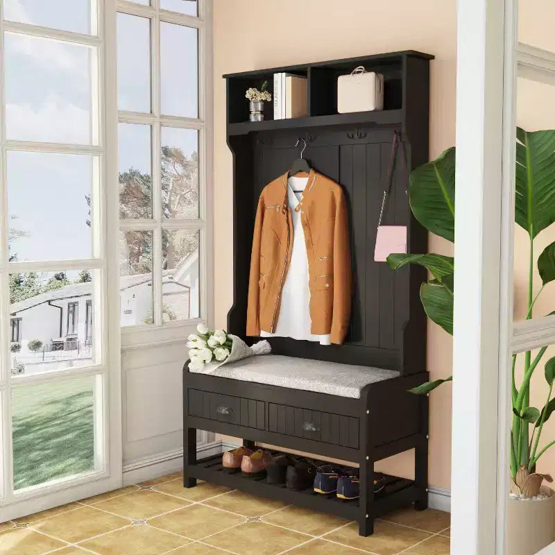 Famapy Wood 3-in-1 Hall Tree with 4-Metal Hooks Storage Bench