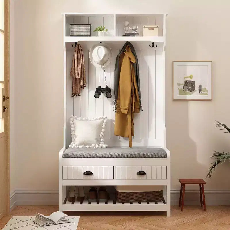 Famapy Wood 3-in-1 Hall Tree with 4-Metal Hooks Storage Bench