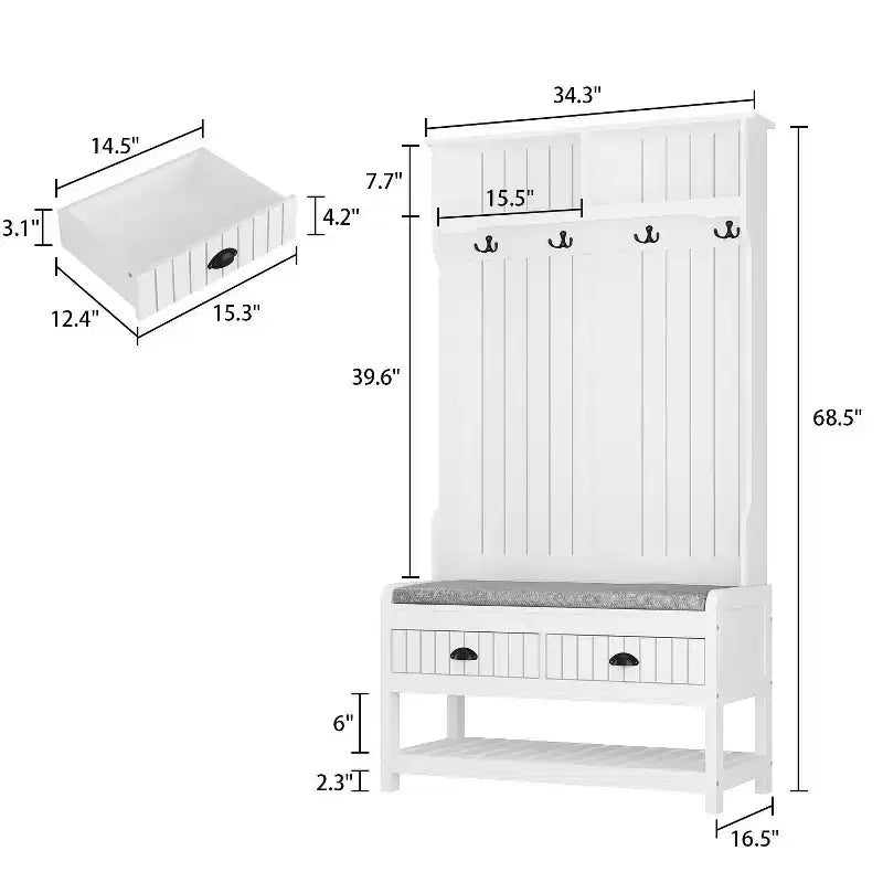 Famapy Wood 3-in-1 Hall Tree with 4-Metal Hooks Storage Bench