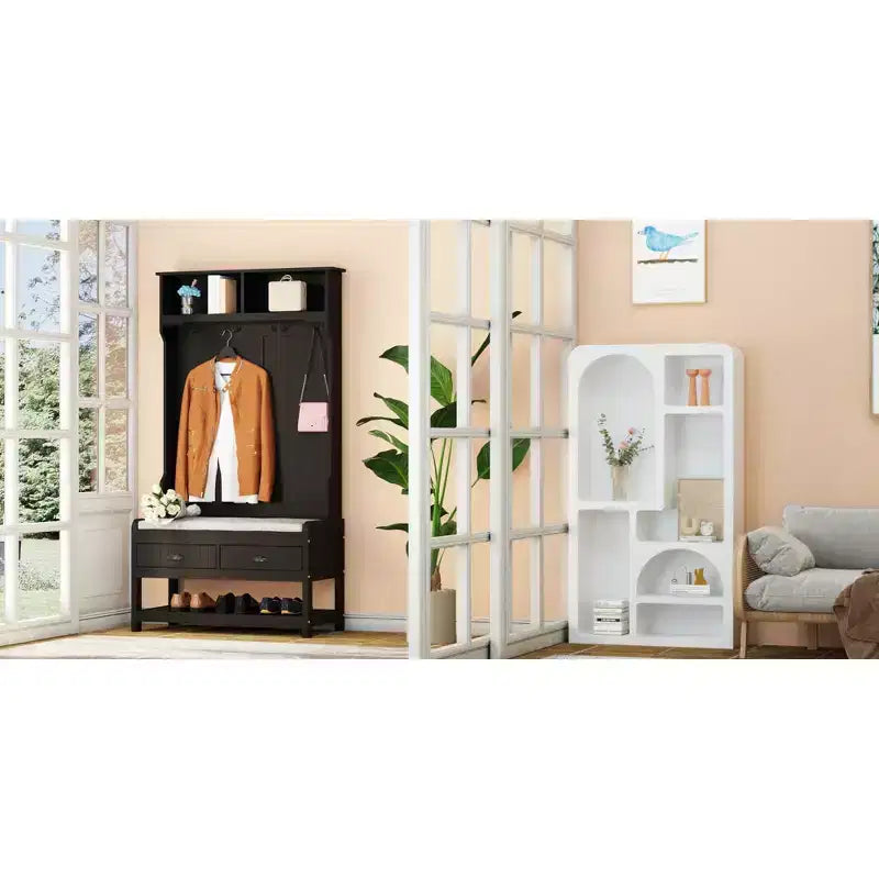 Famapy Wood 3-in-1 Hall Tree with 4-Metal Hooks Storage Bench
