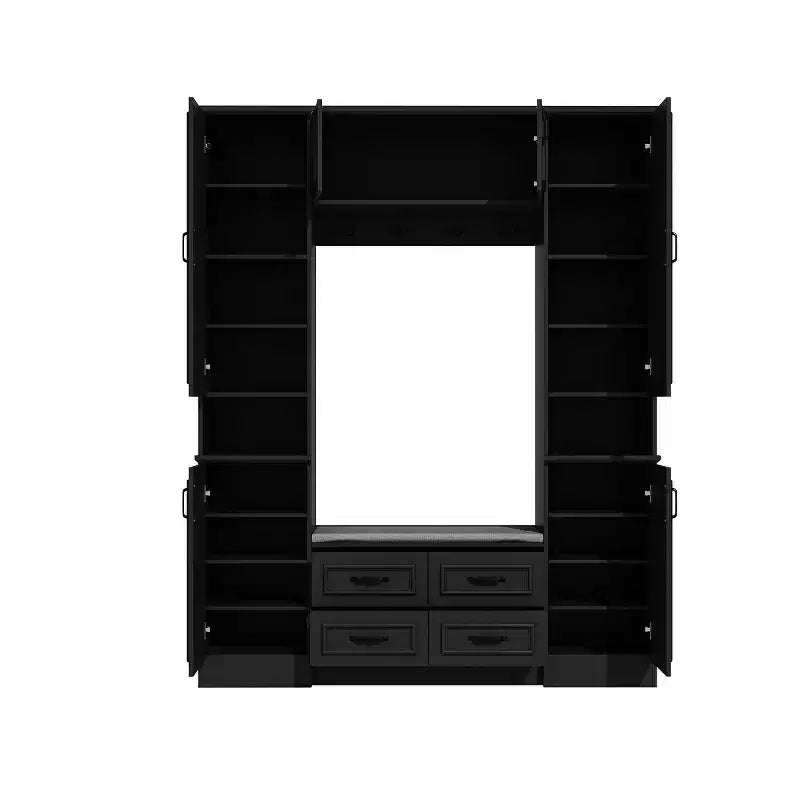 Famapy Black 6-Door Wardrobe Closet Hall Tree with Bench Hanging Rods and Hooks