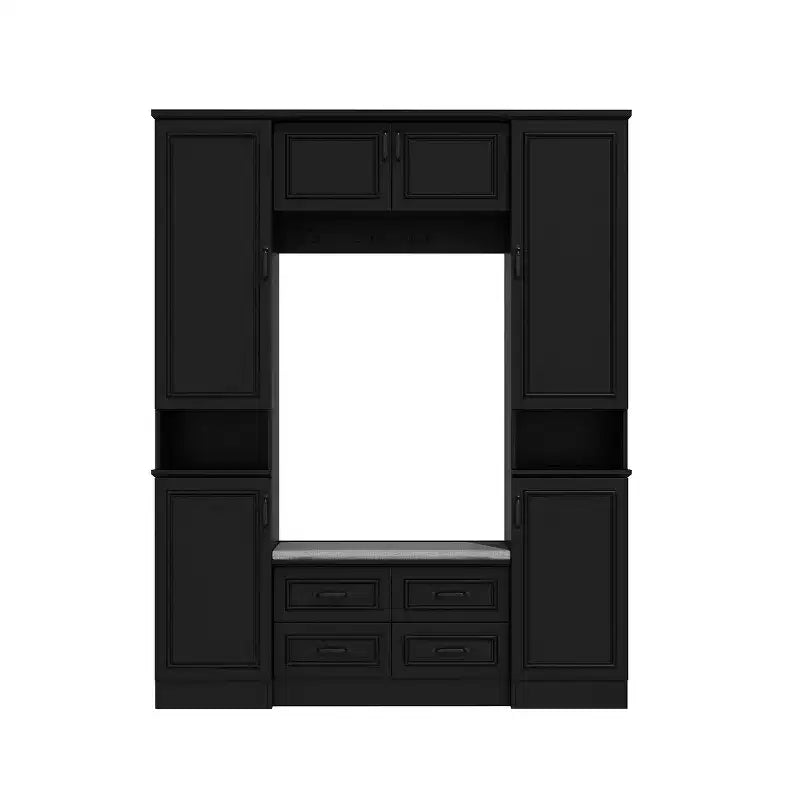 Famapy Black 6-Door Wardrobe Closet Hall Tree with Bench Hanging Rods and Hooks