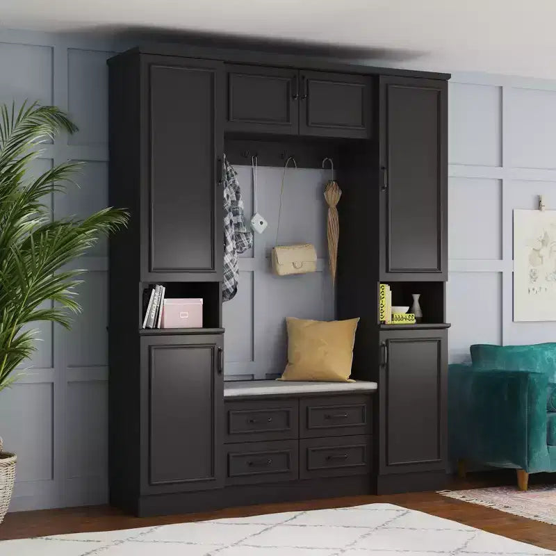 Famapy Black 6-Door Wardrobe Closet Hall Tree with Bench Hanging Rods and Hooks
