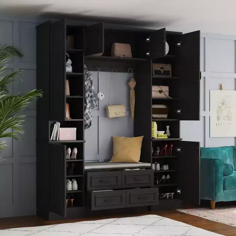 Famapy Black 6-Door Wardrobe Closet Hall Tree with Bench Hanging Rods and Hooks