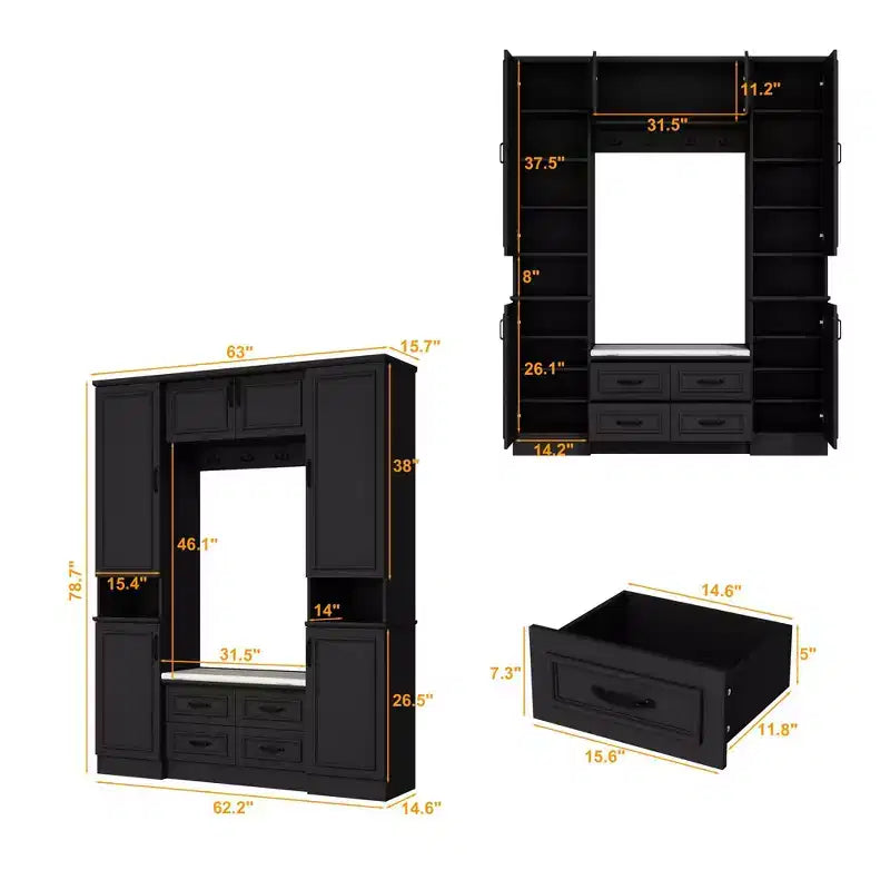 Famapy Black 6-Door Wardrobe Closet Hall Tree with Bench Hanging Rods and Hooks