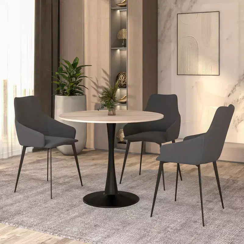 LeisureMod Bristol 35 Round Dining Table  Sintered Stone Top Accent Caf Table & Sturdy Steel Black Pedestal Base for Kitchen and Small Spaces