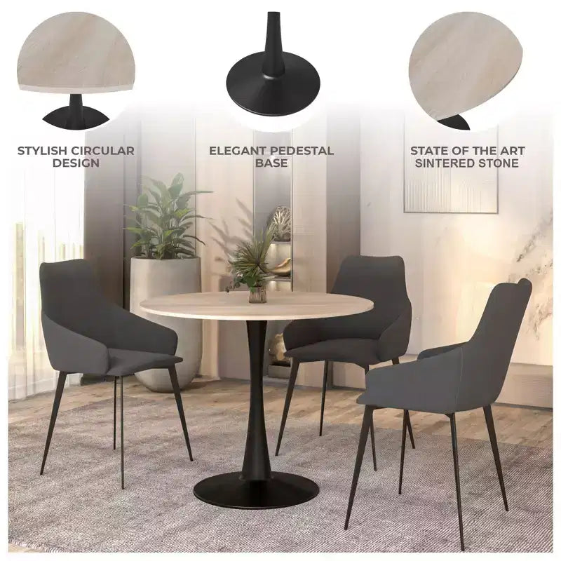 LeisureMod Bristol 35 Round Dining Table  Sintered Stone Top Accent Caf Table & Sturdy Steel Black Pedestal Base for Kitchen and Small Spaces