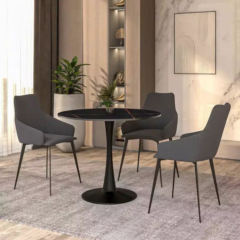 LeisureMod Bristol 35 Round Dining Table  Sintered Stone Top Accent Caf Table & Sturdy Steel Black Pedestal Base for Kitchen and Small Spaces