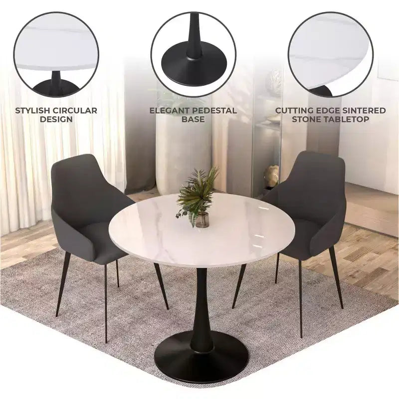 LeisureMod Bristol 35 Round Dining Table  Sintered Stone Top Accent Caf Table & Sturdy Steel Black Pedestal Base for Kitchen and Small Spaces