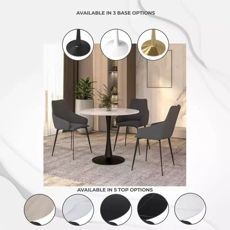 LeisureMod Bristol 35 Round Dining Table  Sintered Stone Top Accent Caf Table & Sturdy Steel Black Pedestal Base for Kitchen and Small Spaces