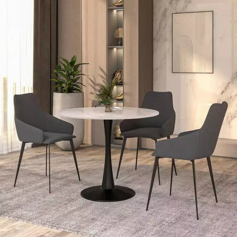 LeisureMod Bristol 35 Round Dining Table  Sintered Stone Top Accent Caf Table & Sturdy Steel Black Pedestal Base for Kitchen and Small Spaces