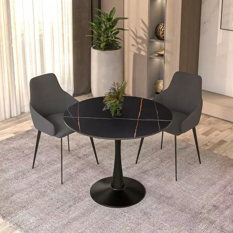 LeisureMod Bristol 35 Round Dining Table  Sintered Stone Top Accent Caf Table & Sturdy Steel Black Pedestal Base for Kitchen and Small Spaces