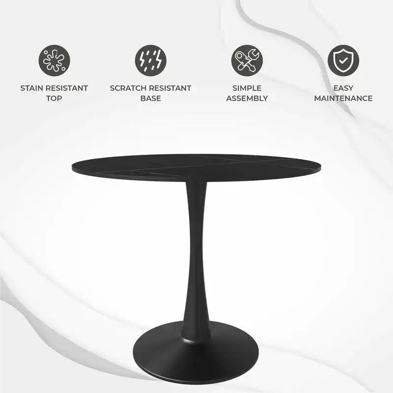 LeisureMod Bristol 35 Round Dining Table  Sintered Stone Top Accent Caf Table & Sturdy Steel Black Pedestal Base for Kitchen and Small Spaces