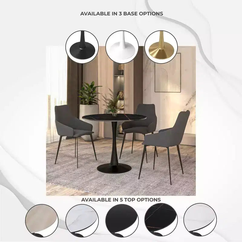 LeisureMod Bristol 35 Round Dining Table  Sintered Stone Top Accent Caf Table & Sturdy Steel Black Pedestal Base for Kitchen and Small Spaces