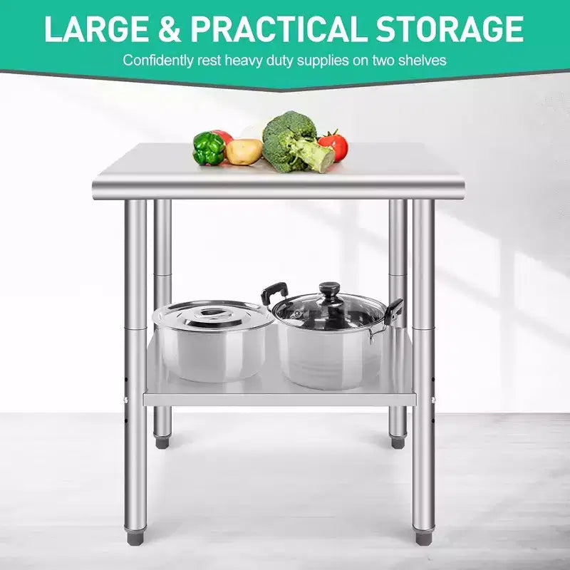 Table de préparation de cuisine en acier inoxydable, plan de travail commercial, hauteur réglable
