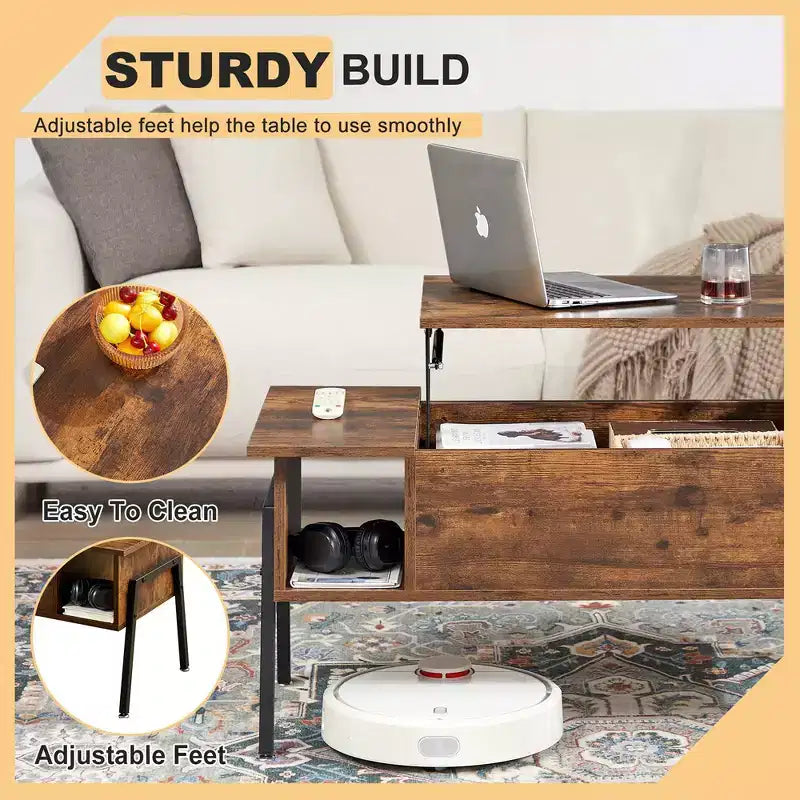 VECELO 42 Inch Lift Top Coffee Table with Metal Legs, Rising Center Table w/Hidden Compartment and 2 Storage Shelves