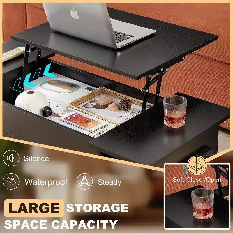 VECELO 42 Inch Lift Top Coffee Table with Metal Legs, Rising Center Table w/Hidden Compartment and 2 Storage Shelves
