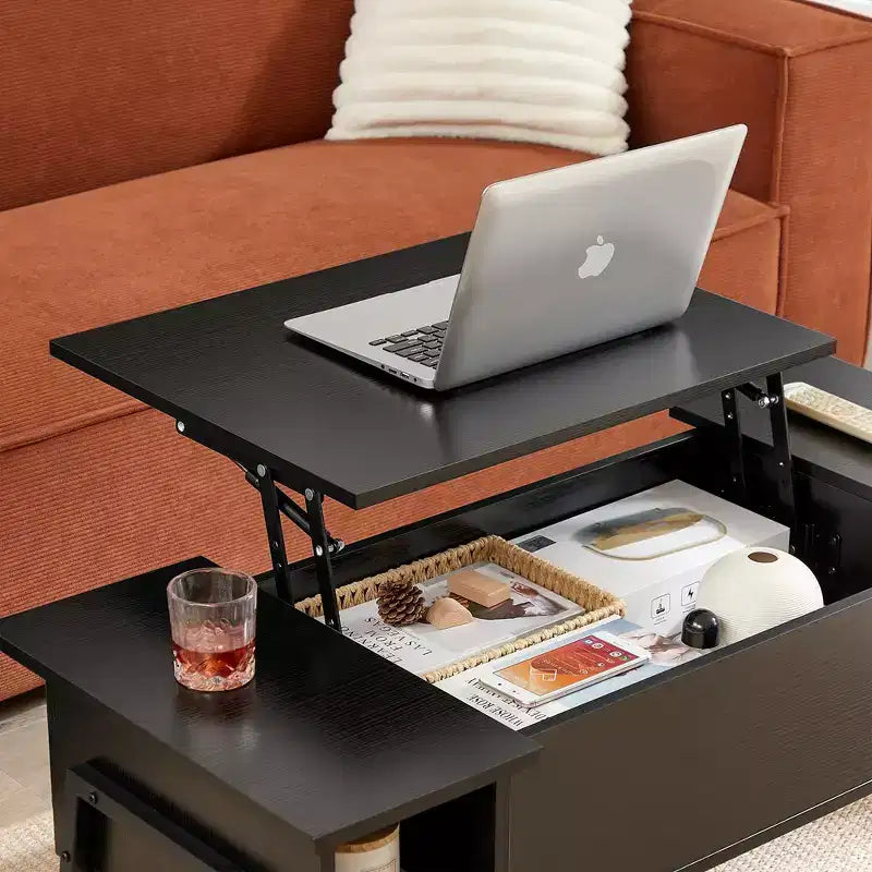 VECELO 42 Inch Lift Top Coffee Table with Metal Legs, Rising Center Table w/Hidden Compartment and 2 Storage Shelves
